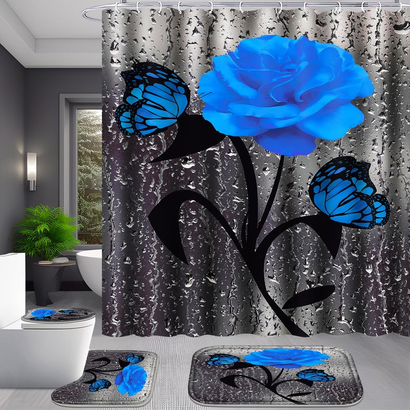 Poedist 4 Pcs Bathroom Set Blue Rose Shower Curtain Sets  Floral Shower Curtain Sets with Rugs(Bath Mat U Shape and Toilet Lid Cover Mat) and 12 Hooks - Image 5